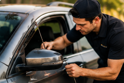 Technician assisting with a car lock-out