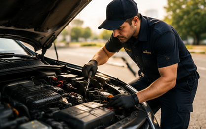 Technician inspecting an engine roadside