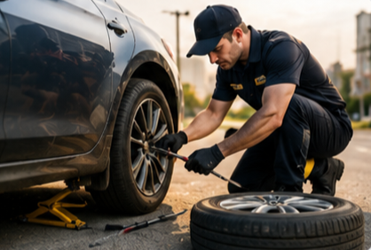 Technician changing a flat tyre roadside